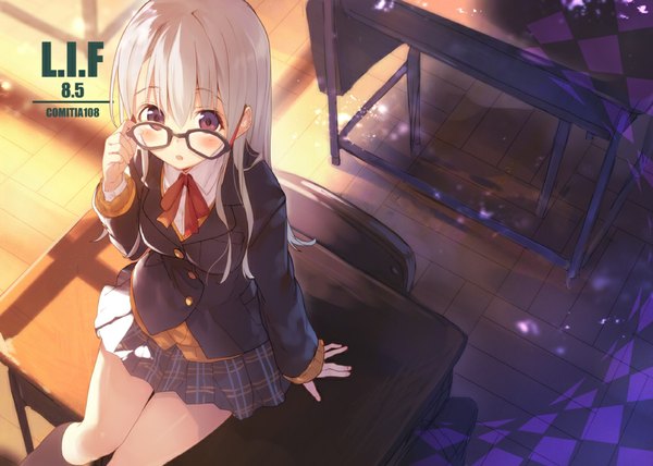 Anime picture 1016x725 with original shirabi single long hair looking at viewer blush sitting brown eyes from above grey hair inscription plaid skirt girl skirt uniform school uniform miniskirt glasses jacket bowtie