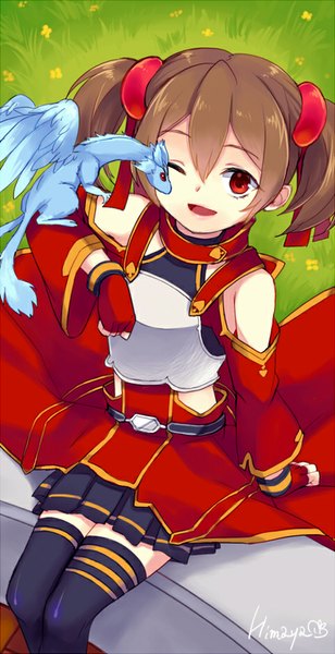 Anime picture 480x933 with sword art online a-1 pictures silica pina (sao) himaya single tall image short hair open mouth red eyes brown hair sitting twintails signed one eye closed from above short twintails fantasy girl thighhighs