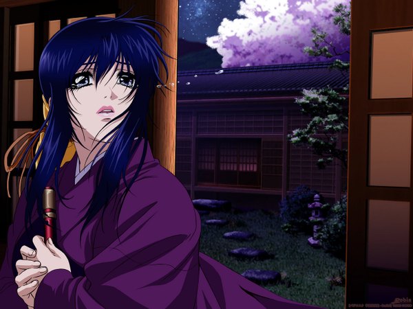 Anime picture 1280x960 with basilisk iga oboro single long hair open mouth blue eyes signed blue hair japanese clothes night night sky tears cherry blossoms girl plant (plants) tree (trees) kimono building (buildings) star (stars) garden