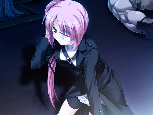 Anime picture 1600x1200 with bloody rondo (game) makita maki single long hair yellow eyes pink hair game cg girl eyepatch
