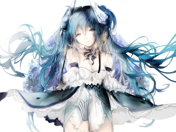 Anime picture 2174x1636 with vocaloid hatsune miku namida miku sa'yuki single long hair fringe highres breasts simple background hair between eyes standing white background twintails bare shoulders multicolored hair light smile grey eyes gradient hair girl