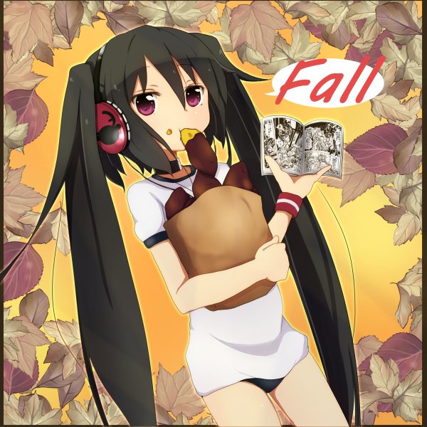 Anime picture 1200x1200 with original note-chan amano kouki long hair looking at viewer black hair hair between eyes red eyes twintails girl uniform headphones leaf (leaves) gym uniform speech bubble manga (object) sweet potato