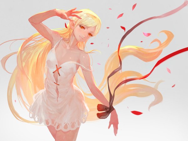 Anime picture 1862x1400 with kizumonogatari shaft (studio) monogatari (series) kissshot acerolaorion heartunderblade lack single looking at viewer highres light erotic blonde hair red eyes very long hair pointy ears girl ribbon (ribbons) petals sundress