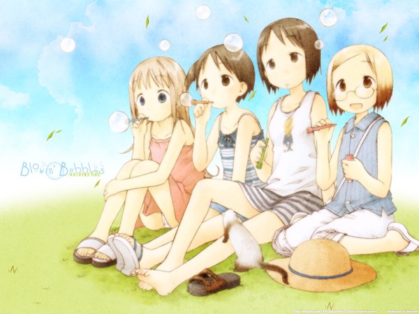 Anime picture 1600x1200 with ichigo mashimaro itou chika ana coppola sakuragi matsuri itou nobue barasui long hair short hair blue eyes blonde hair smile brown hair multiple girls brown eyes sky cloud (clouds) inscription pantyshot girl plant (plants)