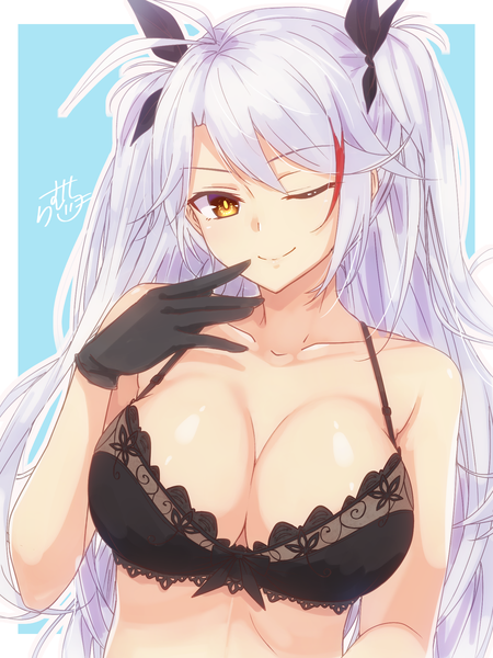Anime picture 1536x2048 with azur lane prinz eugen (azur lane) ramchi single long hair tall image looking at viewer fringe breasts light erotic smile hair between eyes large breasts bare shoulders signed yellow eyes cleavage silver hair upper body one eye closed