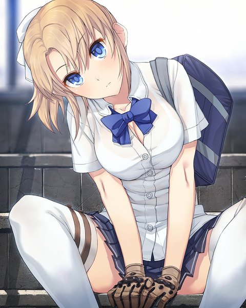 Anime picture 800x1000 with original blonde girl (itou) itou (onsoku tassha) single tall image looking at viewer breasts blue eyes light erotic blonde hair large breasts white background sitting pleated skirt between legs girl skirt uniform school uniform miniskirt