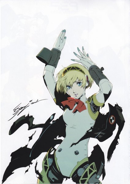 Anime picture 2144x3036 with persona 3 persona aegis single tall image highres short hair blue eyes blonde hair white background scan girl bow jacket headphones android cyborg