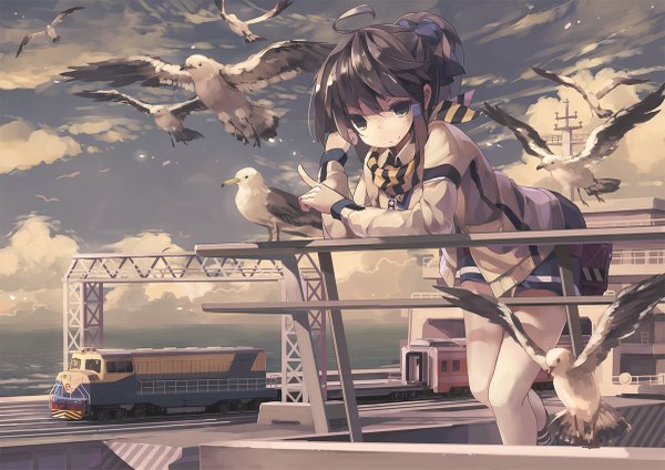 Anime picture 1200x849 with original huanxiang huifeng long hair looking at viewer brown hair green eyes ahoge ponytail scenic against fence skirt animal jacket sea bird (birds) neckerchief fence watercraft train ship