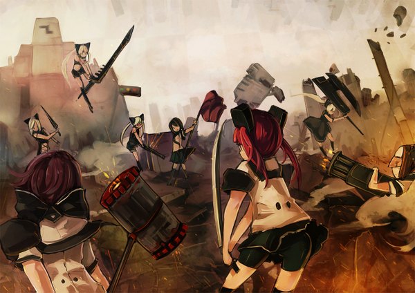 Anime picture 1300x919 with original nekotewi long hair short hair black hair blonde hair multiple girls red hair 6+ girls ruins battle destruction 8 girls girl skirt weapon sword serafuku shorts flag