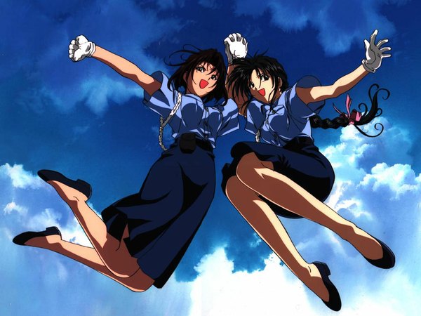 Anime picture 1024x768 with you're under arrest studio deen kobayakawa miyuki tsujimoto natsumi black hair brown hair sky jumping gloves uniform ribbon (ribbons) white gloves police uniform