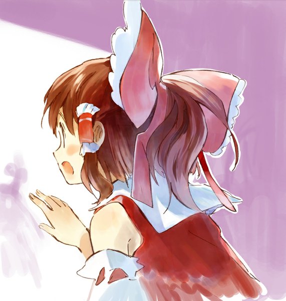 Anime picture 761x800 with touhou hakurei reimu ogawa maiko single tall image blush short hair open mouth simple background brown hair bare shoulders looking away ponytail outstretched arm girl bow hair bow detached sleeves