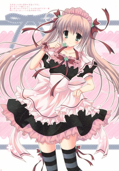 Anime picture 4195x5992 with hasekura chiaki single long hair tall image looking at viewer blush highres blonde hair twintails holding green eyes absurdres ahoge light smile maid text girl thighhighs uniform ribbon (ribbons)