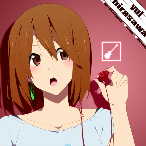 Anime picture 1000x1000 with k-on! kyoto animation hirasawa yui nanao (mahaya) single blush short hair open mouth brown hair brown eyes girl earrings headphones digital media player