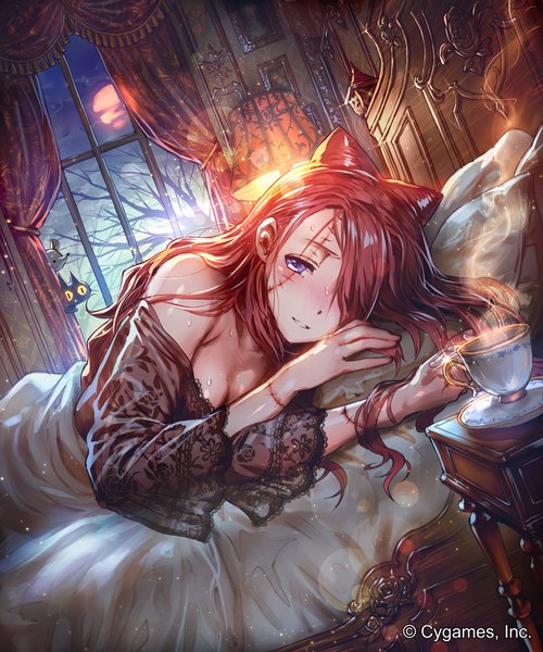 Anime picture 3000x3600 with shingeki no bahamut ceres (shingeki no bahamut) okada manabi single long hair tall image looking at viewer blush highres breasts smile purple eyes bare shoulders cleavage cloud (clouds) upper body red hair indoors lying parted lips
