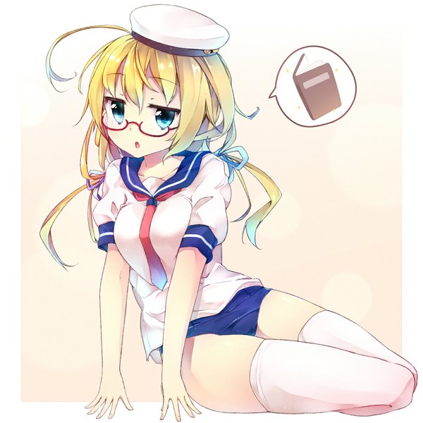 Anime picture 1000x1000 with kantai collection i-8 submarine fuuen (akagaminanoka) single long hair looking at viewer blush blue eyes simple background blonde hair sitting ahoge border outside border girl thighhighs swimsuit hat white thighhighs glasses