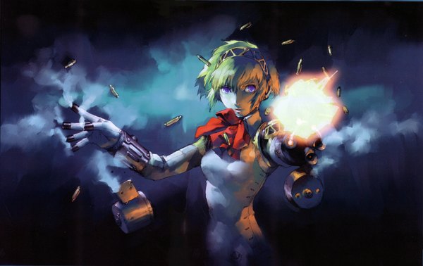 Anime picture 1900x1200 with persona 3 shin megami tensei persona aegis soejima shigenori single fringe highres short hair blue eyes blonde hair looking away outstretched arm casing ejection girl weapon headphones gun android shell casing