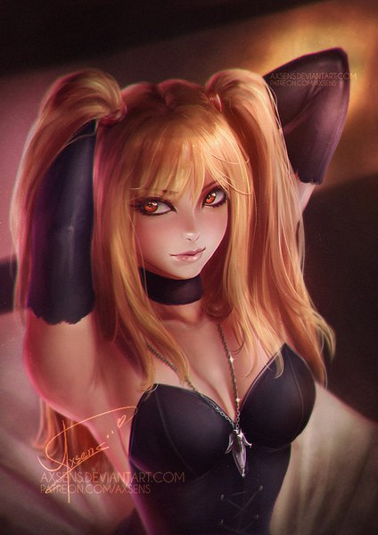 Anime picture 636x900 with death note madhouse amane misa axsen single long hair tall image fringe breasts blonde hair large breasts bare shoulders signed looking away cleavage upper body realistic armpit (armpits) orange eyes two side up