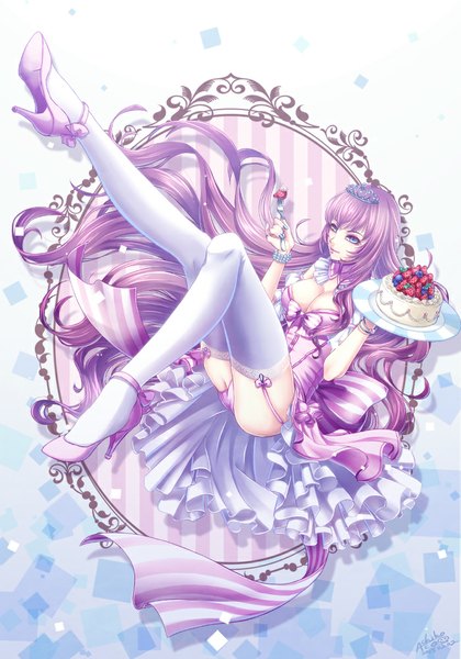 Anime picture 700x1000 with vocaloid megurine luka achikoako single tall image looking at viewer breasts blue eyes light erotic purple hair very long hair legs girl thighhighs dress underwear panties white thighhighs sweets cake