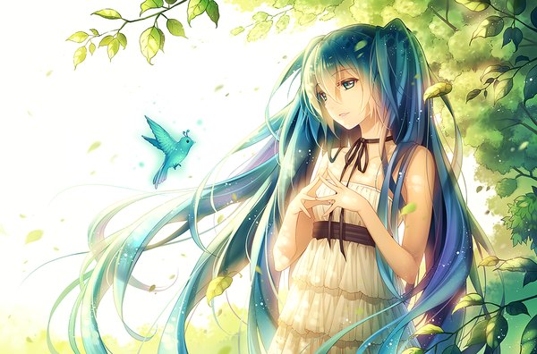 Anime picture 1200x792 with vocaloid hatsune miku tidsean single long hair fringe highres twintails absurdres aqua eyes wind scan aqua hair fingers together girl dress animal bird (birds) leaf (leaves) sundress