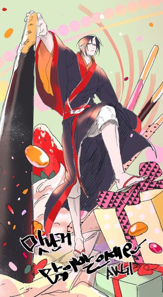 Anime picture 500x908 with hoozuki no reitetsu wit studio hoozuki (hoozuki no reitetsu) akgi single tall image short hair black hair signed full body traditional clothes japanese clothes horn (horns) pointy ears from below outstretched arm oni horns korean boy food