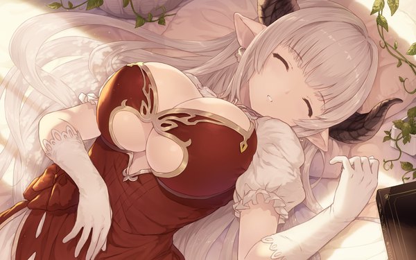 Anime picture 5315x3322 with granblue fantasy alicia (granblue fantasy) cait single long hair fringe highres breasts light erotic large breasts absurdres cleavage upper body lying blunt bangs eyes closed parted lips horn (horns) pointy ears shadow