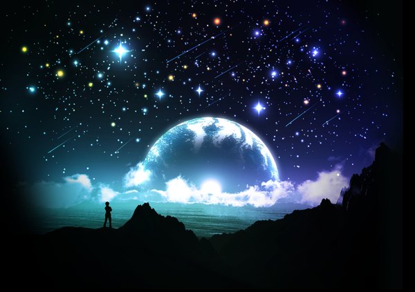 Anime picture 1800x1270 with original y-k highres sky cloud (clouds) night sky landscape silhouette meteor rain water sea moon star (stars) planet