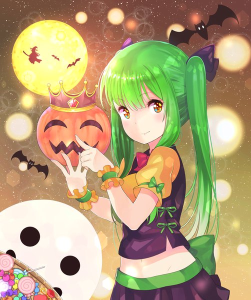 Anime picture 1200x1434 with original yuujin (yuzinn333) long hair tall image looking at viewer smile twintails multiple girls holding brown eyes green hair short sleeves midriff puffy sleeves lens flare solo focus halloween ghost witch multicolored eyes