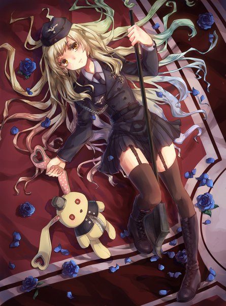 Anime picture 1200x1616 with vocaloid mayu (vocaloid) usano mimi pollia single long hair tall image looking at viewer blonde hair yellow eyes lying multicolored hair on back gradient hair sad girl thighhighs skirt uniform flower (flowers)