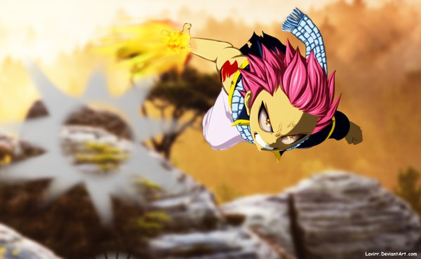 Anime picture 4000x2465 with fairy tail natsu dragneel lavirr single highres short hair wide image pink hair absurdres sky orange eyes tattoo sleeveless grin coloring magic angry boy plant (plants) tree (trees)