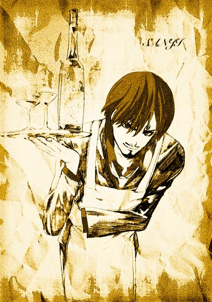 Anime picture 1181x1687 with one piece toei animation sanji nagasode fusoku single tall image looking at viewer fringe short hair brown hair standing holding light smile inscription orange eyes monochrome open collar boy shirt necktie