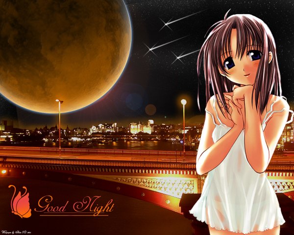 Anime picture 1280x1024 with original naruse chisato shota (minitokyo) single long hair looking at viewer blush fringe light erotic brown hair bare shoulders signed payot head tilt light smile black eyes night arms up embarrassed night sky