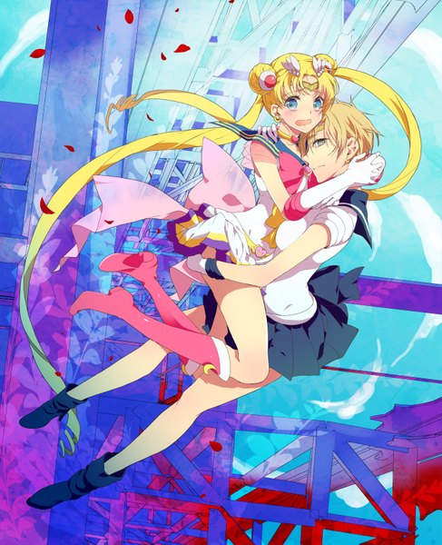 Anime picture 1321x1627 with bishoujo senshi sailor moon toei animation tsukino usagi sailor moon sailor uranus watanabe yuuna long hair tall image looking at viewer blush short hair open mouth blue eyes blonde hair twintails multiple girls very long hair hug girl gloves