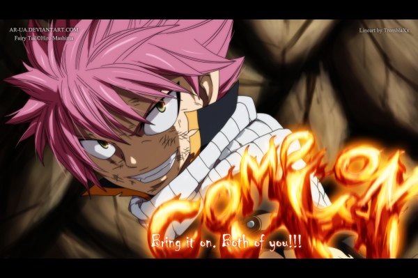 Anime picture 1203x800 with fairy tail natsu dragneel ar-ua single short hair smile yellow eyes pink hair inscription grin coloring torn clothes magic boy scarf fire