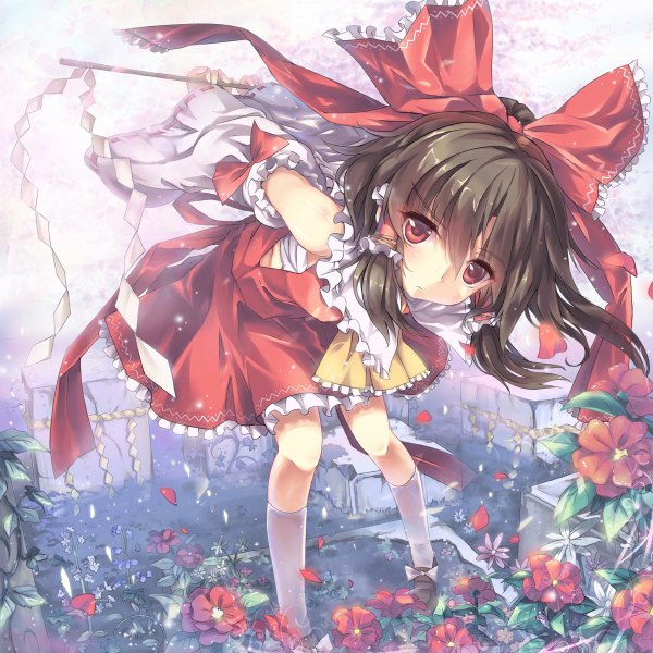 Anime picture 1200x1200 with touhou hakurei reimu north abyssor single long hair looking at viewer black hair red eyes miko bent over girl skirt flower (flowers) bow hair bow detached sleeves petals water skirt set sarashi