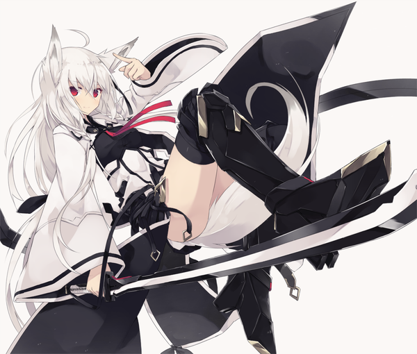 Anime picture 1134x964 with original nagishiro mito single long hair looking at viewer blush fringe light erotic simple background hair between eyes red eyes white background holding animal ears ahoge bent knee (knees) white hair tail animal tail light smile