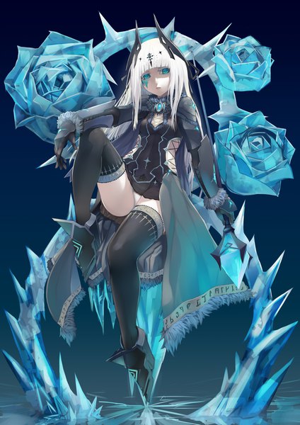 Anime picture 1654x2339 with original jikeshi single long hair tall image looking at viewer fringe breasts blue eyes light erotic simple background white background sitting holding full body bent knee (knees) white hair blunt bangs aqua eyes tattoo