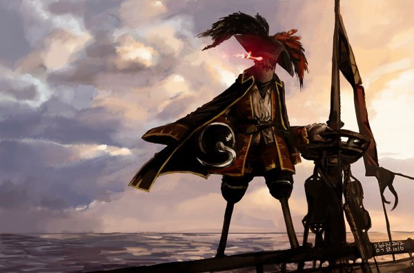Anime picture 1200x790 with league of legends pirates of the caribbean fiddlesticks (league of legends) captain jack sparrow single looking at viewer red eyes standing sky cloud (clouds) alternate costume light pirate boy gloves hat shirt water belt sea