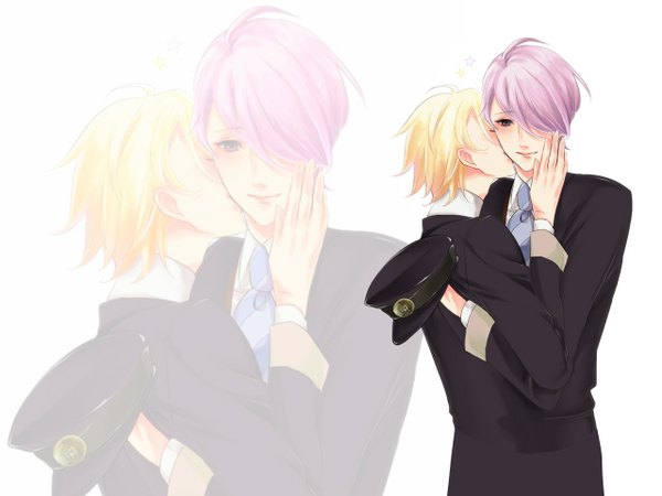 Anime picture 1280x960 with lucky dog giulio di bondone gian carlo komichi96 blush fringe short hair blonde hair standing white background brown eyes purple hair eyes closed profile light smile hair over one eye multiple boys hug back looking down