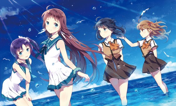 Anime picture 1281x777 with nagi no asukara p.a. works hiradaira chisaki mukaido manaka shiodome miuna hisanuma sayu domotolain long hair looking at viewer blush short hair blue eyes black hair smile brown hair wide image multiple girls brown eyes sky purple hair