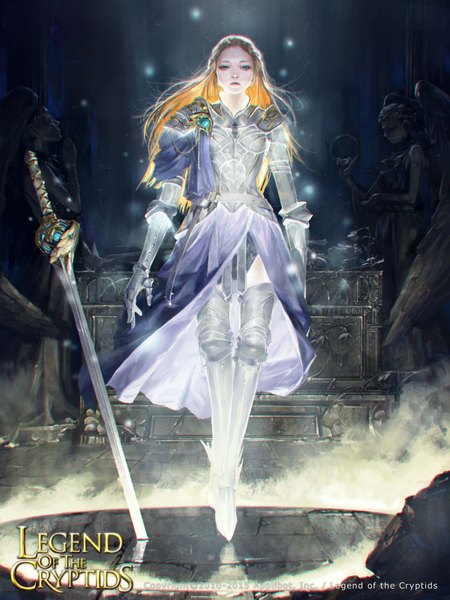 Anime picture 3000x4000 with legend of the cryptids totorrl (artist) long hair tall image looking at viewer highres blonde hair standing signed lying smoke glow praying girl gloves hair ornament wings elbow gloves armor stone (stones)