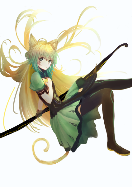 Anime picture 1447x2046 with fate (series) fate/grand order fate/apocrypha atalanta (fate) kaze minoru so-ru single long hair tall image looking at viewer fringe blonde hair hair between eyes white background green eyes animal ears bent knee (knees) tail animal tail multicolored hair green hair