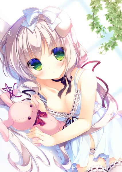 Anime picture 637x900 with original yukie (peach candy) single long hair tall image looking at viewer blush light erotic green eyes white hair pantyshot girl underwear panties bow hair bow frills toy stuffed animal stuffed toy