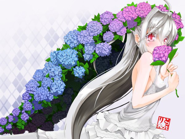 Anime picture 1200x900 with original amino dopple (artist) single long hair blush bare shoulders silver hair pink eyes girl dress flower (flowers) hydrangea
