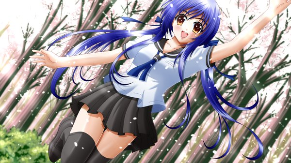 Anime picture 1365x768 with original ilolamai long hair open mouth wide image twintails blue hair orange eyes girl thighhighs black thighhighs plant (plants) tree (trees) serafuku