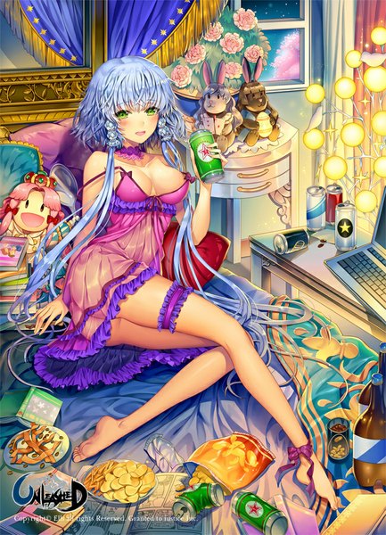 Anime picture 650x900 with unleashed ells (ellsat) single long hair tall image looking at viewer blush breasts open mouth light erotic green eyes blue hair girl flower (flowers) frills bed nightie babydoll laptop chips