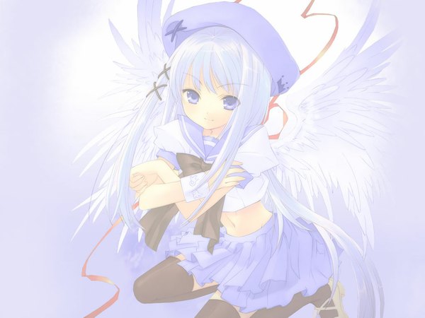 Anime picture 1024x768 with blue eyes blue hair braid (braids) ribbon (ribbons) hat wings