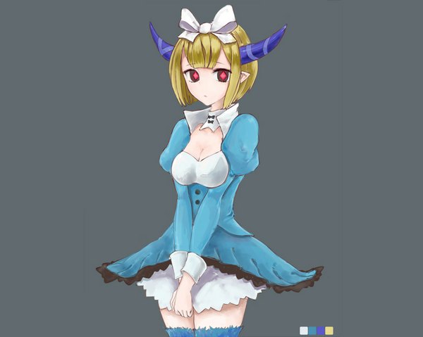 Anime picture 1024x819 with c: the money of soul and possibility control single short hair simple background blonde hair red eyes horn (horns) pointy ears grey background girl bow hair bow