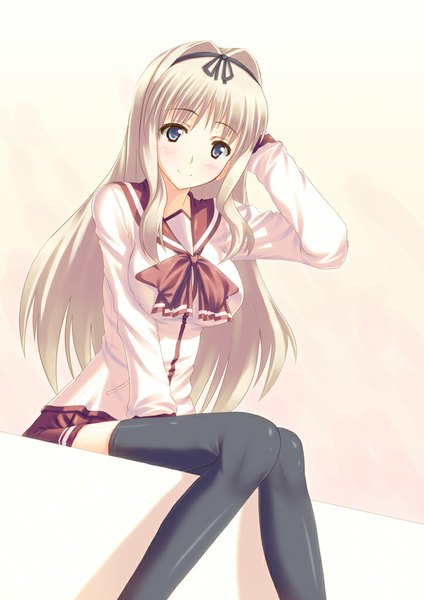 Anime picture 723x1024 with to heart 2 leaf (studio) kusugawa sasara siva (executor) single long hair tall image looking at viewer blush fringe breasts blonde hair smile sitting shadow zettai ryouiki adjusting hair knees touching girl thighhighs