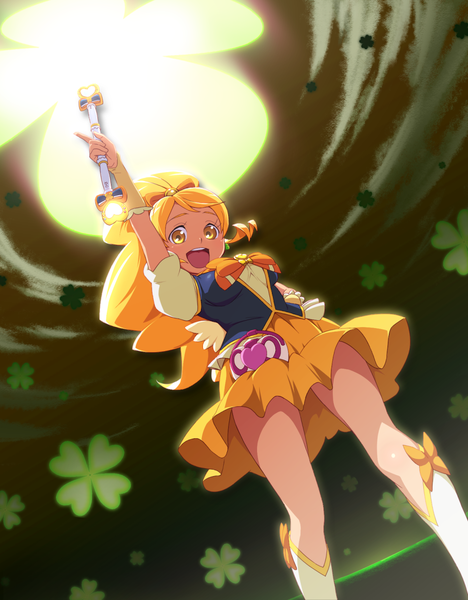 Anime picture 952x1220 with precure happinesscharge precure! toei animation cure honey uganda single long hair tall image looking at viewer open mouth blonde hair yellow eyes ponytail :d arm up from below magical girl girl knee boots