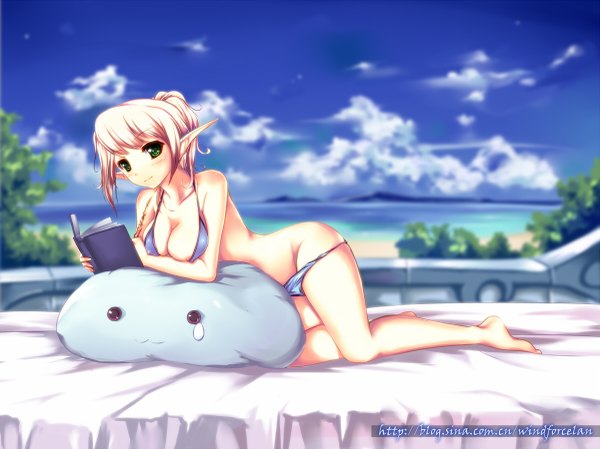 Anime picture 1200x899 with original windforcelan breasts light erotic blonde hair green eyes sky cloud (clouds) pointy ears elf girl swimsuit bikini sea book (books)